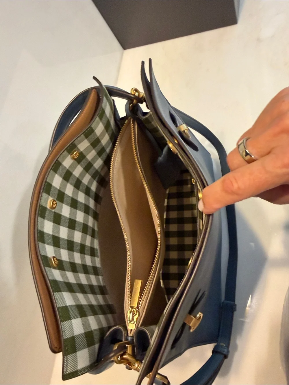 Tory Burch medium size “Lee Radziwill” Double Bag in blue leather. Pristine!